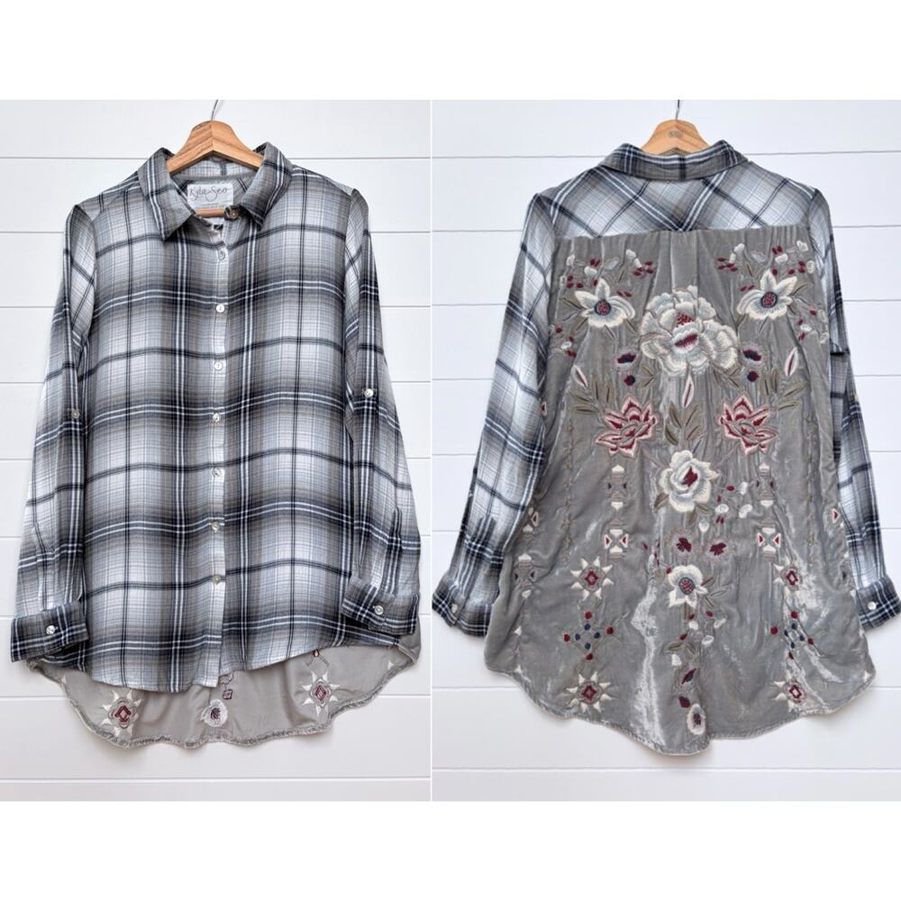 Kyla Seo Plaid Button Front Shirt M Floral Embroidered Velvet Mixed Media Tunic